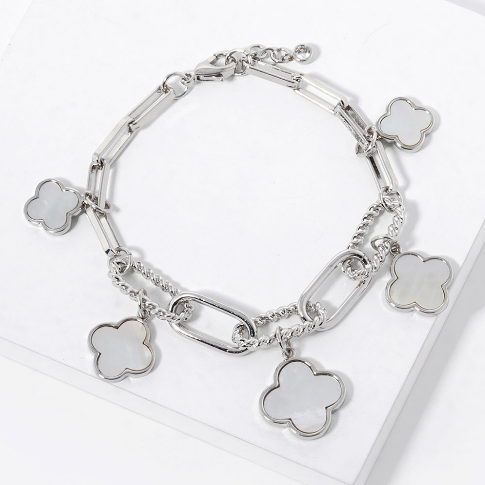White Gold Clover Mother of Pearl Quatrefoil Station Dangle Charm Bracelet Chain